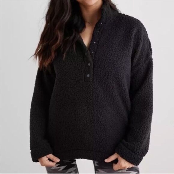 aerie S Black Fluff Quarter Snap Front Lightweight Sherpa Pullover Sweatshirt - Picture 1 of 14
